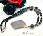 Byzantium-Inspired Labradorite & Obsidian Tassel Necklace with Leaf Clasp