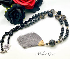 Byzantium-Inspired Labradorite & Obsidian Tassel Necklace with Leaf Clasp