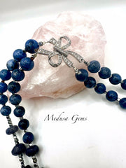 Blue Spot Jasper Double Strand Necklace with Cubic Zirconia Bow Clasp