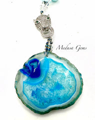 Blue Australian Opal & Opalite Necklace with Agate Pendant and Zircon Leopard Feature
