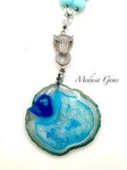 Blue Australian Opal & Opalite Necklace with Agate Pendant and Zircon Leopard Feature