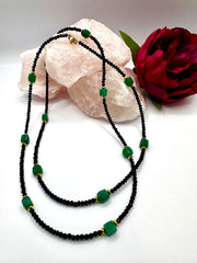 Black Spinel & Green Chalcedony Cube Necklace – 100cm