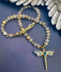 Golden Rutilated Quartz Necklace with Dragonfly Pendant – Handcrafted Gemstone Jewellery