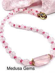 Hand-Carved Rose Quartz & Pink Jade Necklace – Gemstone Statement Piece with Zircon Clasp