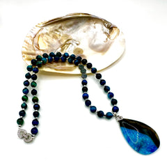 Blue Tiger’s Eye Necklace with Hematite Flowers & Agate Pendant