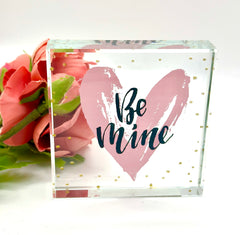 Romantic Square Glass Paperweight – ‘Be Mine’ Engraved Keepsake for Loved Ones