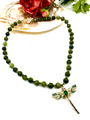Natural Jade Necklace with Dragonfly Pendant – Untreated & Unpolished Gemstone Jewellery