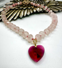 Romantic Chunky Rose Quartz Necklace with Sparkling Crystal Heart