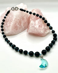 Faceted Black Spinel & Aquamarine Necklace with Swarovski Crystal Moon Pendant