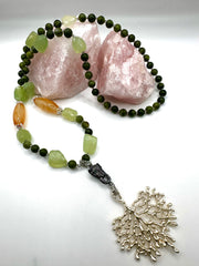 Long Natural Jade, Aventurine & Carnelian Necklace with Tree Pendant