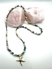 Natural Tree Agate & Moonstone Necklace with Gold Starfish Pendant