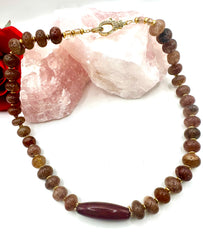 Luxury Strawberry Quartz Beaded Necklace with Indian Agate Focal & Gold Zircon Clasp
