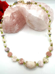 Delicate Australian Opal Flower Necklace with Peridot & Heart Zircon Clasp