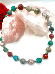 Vibrant Dragon’s Vein Agate Necklace with Art Deco Zircon Clasp