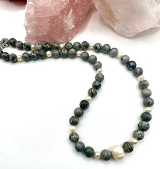 Matte Picasso Jasper & Freshwater Pearl Necklace with Silver Art Deco Clasp