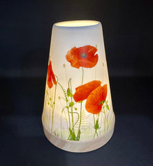 Puri Porcelain Candle Holder – Poppies Design, Vintage Tealight Lantern on Wooden Base (14cm)