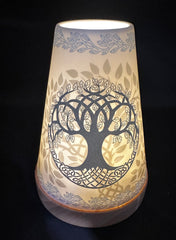 Puri Porcelain Candle Holder – Tree of Life Design, Vintage Tealight Lantern on Wooden Base (14cm)