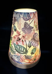 Puri Porcelain Candle Holder – Purple Floral Pattern, Tealight Lantern on Wooden Base (14cm)