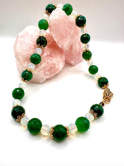 Faceted Green Agate & Opalite Necklace with Leopard Clasp