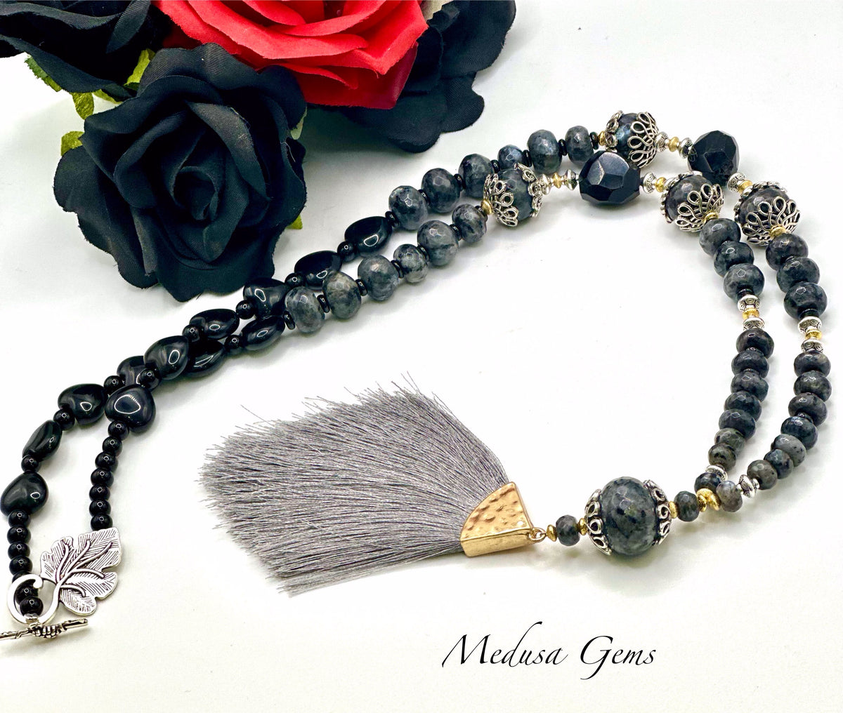 Byzantium-Inspired Labradorite & Obsidian Tassel Necklace with Leaf Clasp