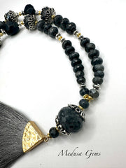 Byzantium-Inspired Labradorite & Obsidian Tassel Necklace with Leaf Clasp