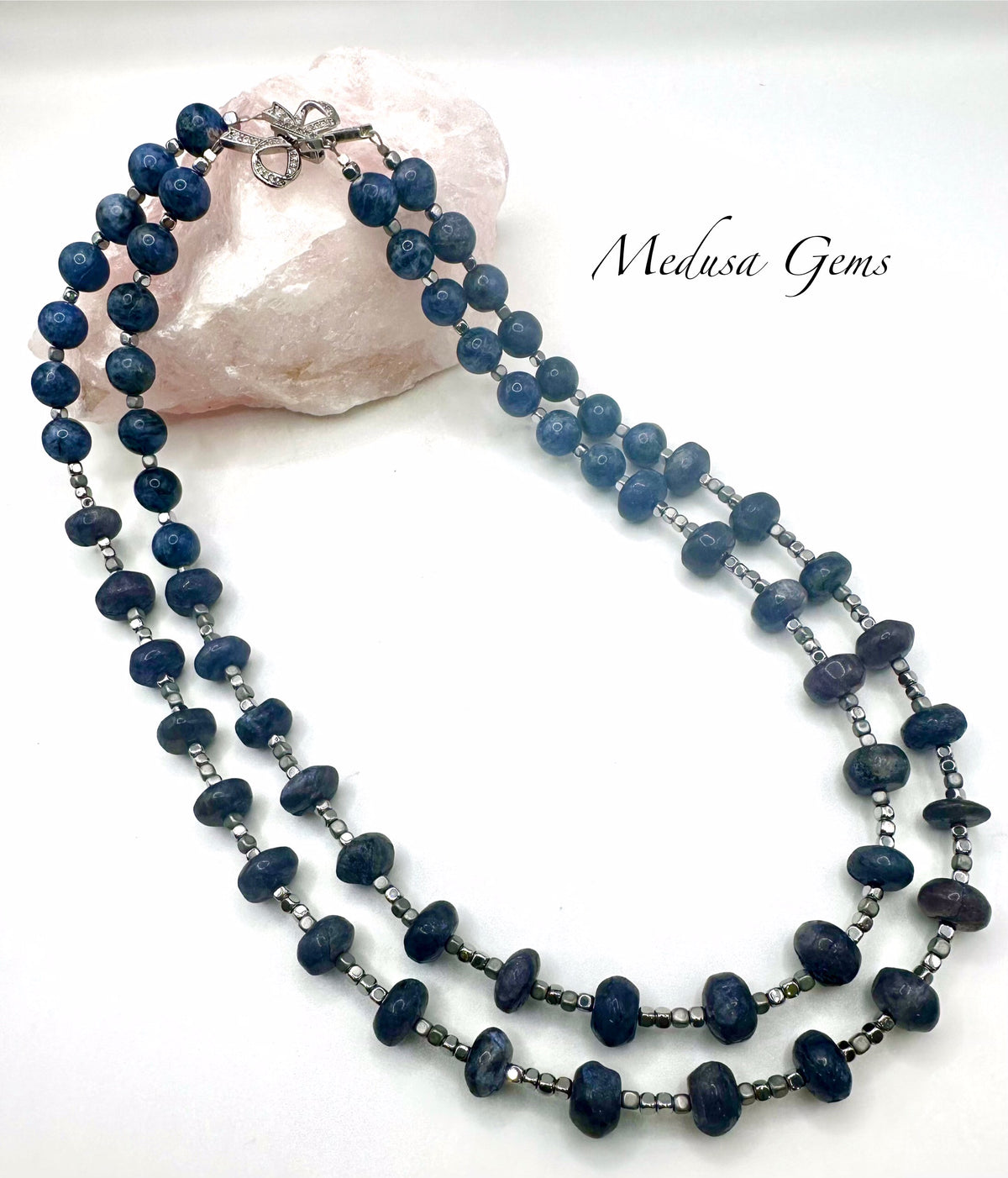 Blue Spot Jasper Double Strand Necklace with Cubic Zirconia Bow Clasp