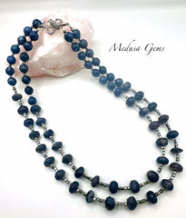 Blue Spot Jasper Double Strand Necklace with Cubic Zirconia Bow Clasp