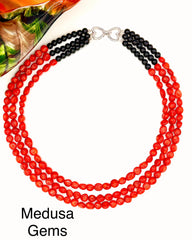 Three-Stranded Natural Coral & Black Onyx Necklace