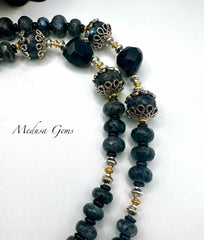 Byzantium-Inspired Labradorite & Obsidian Tassel Necklace with Leaf Clasp