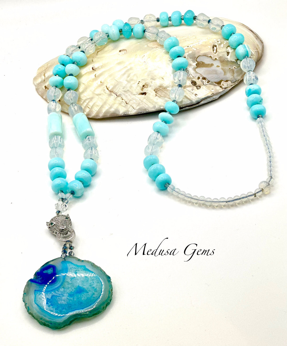 Blue Australian Opal & Opalite Necklace with Agate Pendant and Zircon Leopard Feature