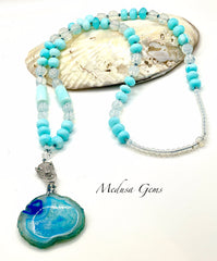 Blue Australian Opal & Opalite Necklace with Agate Pendant and Zircon Leopard Feature
