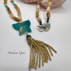 Peach Moonstone & Blue Opal Butterfly Tassel Necklace
