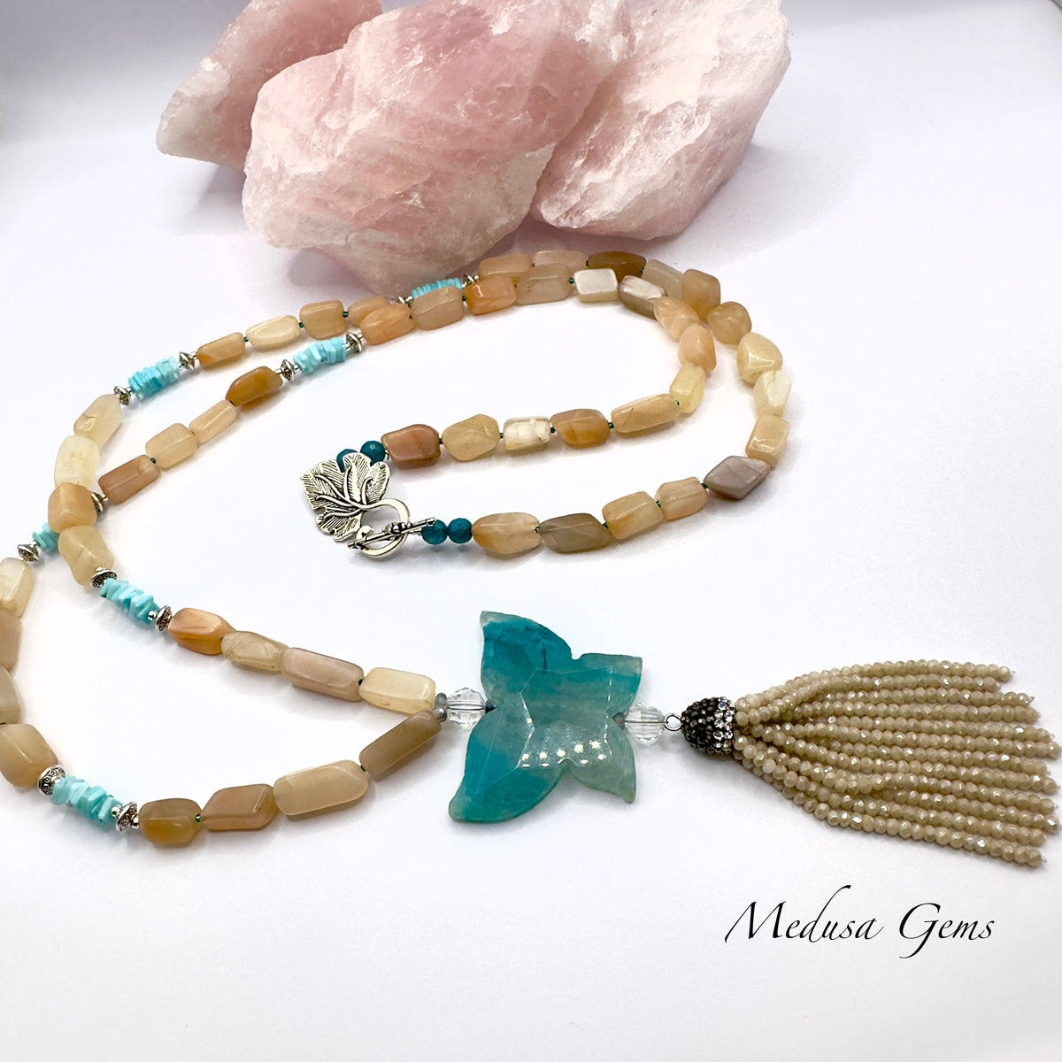 Peach Moonstone & Blue Opal Butterfly Tassel Necklace