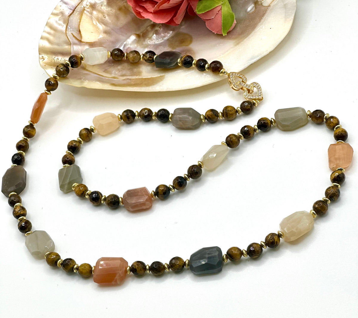 Tiger’s Eye & Moonstone Necklace with Heart Clasp