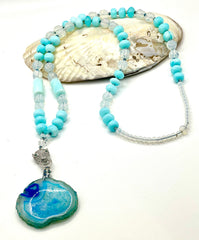 Blue Australian Opal & Opalite Necklace – Swarovski Crystal Accents & Blue Banded Agate Pendant