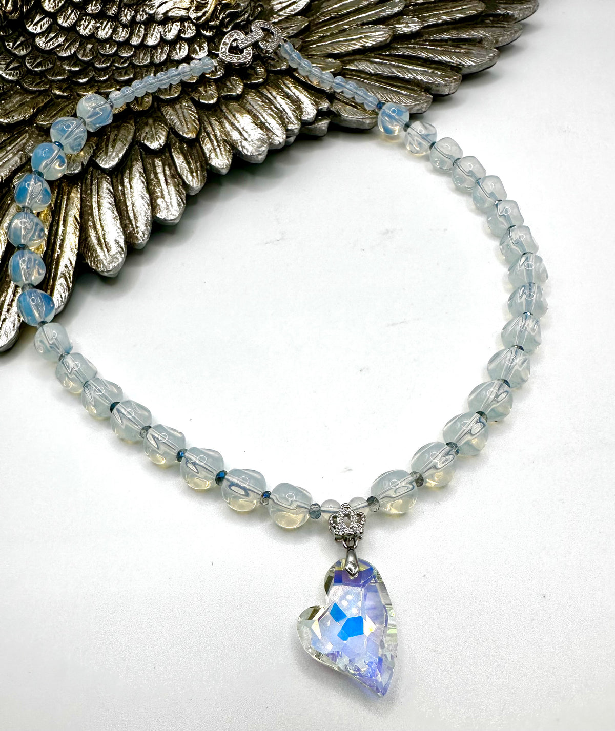 Opalite Necklace with Blue Austrian Crystals & Large Iridescent Heart Pendant
