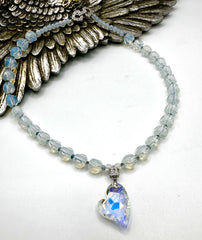 Opalite Necklace with Blue Austrian Crystals & Large Iridescent Heart Pendant